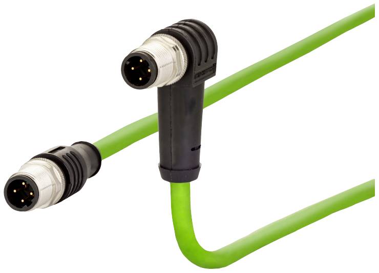Zwei M12-Steckverbinder, männlich, verbunden durch ein grünes Kabel. Der rechte Steckverbinder ist abgewinkelt.