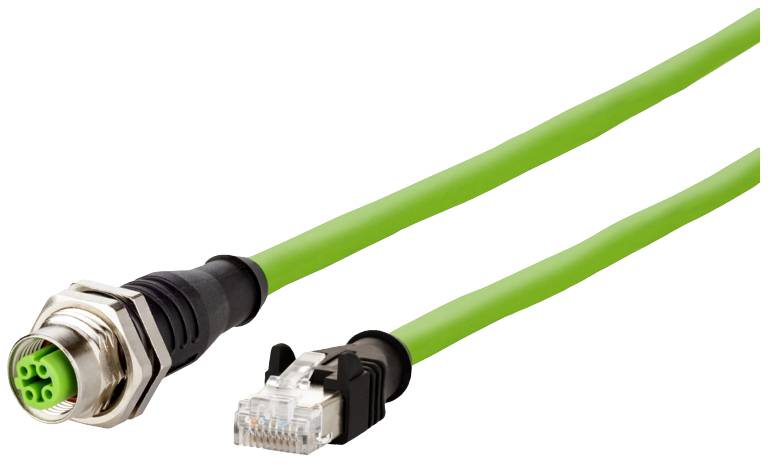 Ein grünes Verbindungskabel, links mit einem runden Stecker und rechts mit einem RJ45-Stecker, geeignet für industrielle Anwendungen.