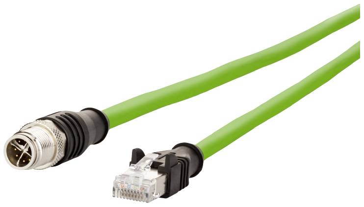 Grünes Ethernet-Kabel mit einem M12-Stecker am einen Ende und einem RJ45-Stecker am anderen, für industrielle Netzwerkanwendungen.