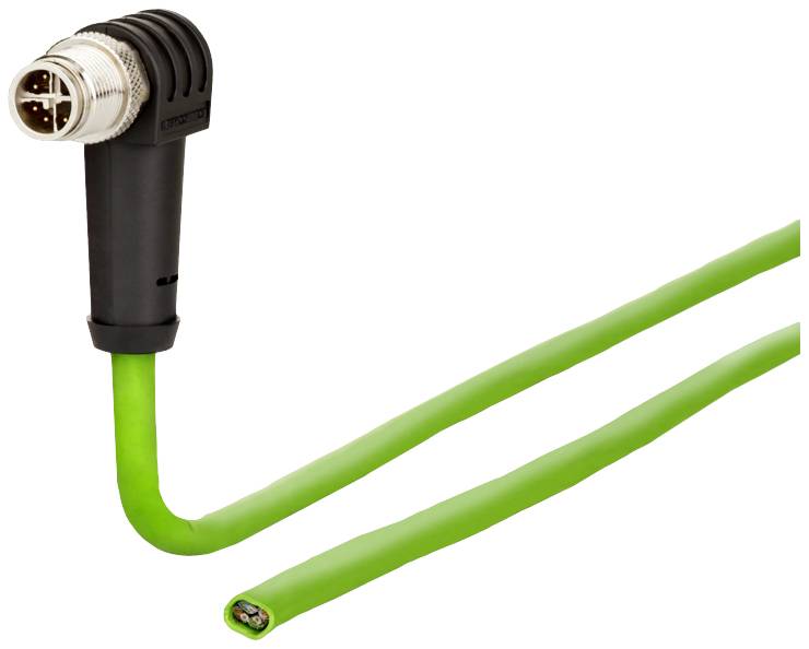 Ein grünes, abgewinkeltes Kabel mit einem Steckverbinder, das für industrielle Anwendungen verwendet wird, ist zu sehen.