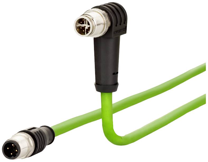 Grünes Kabel mit zwei Steckverbindern, einer davon mit rechtwinkligem Anschluss. Geeignet für industrielle Anwendungen.