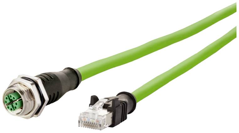 Grünes Ethernet-Kabel mit männlichem M12-Stecker auf der einen Seite und RJ45-Stecker auf der anderen Seite.