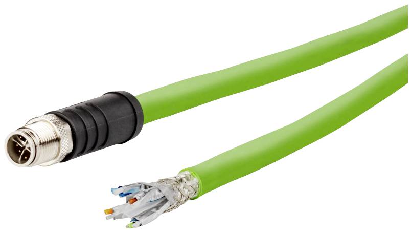 Industrielles grünes Datenkabel mit offenem Ende und rundem Stecker, geeignet für Ethernet-Verbindungen in rauen Umgebungen.