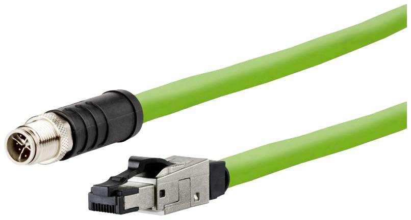 Grünes Ethernet-Kabel mit M12-Stecker auf einer Seite und RJ45-Stecker auf der anderen, für industrielle Anwendungen geeignet.