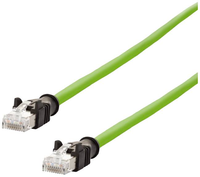 Grünes Ethernetkabel mit RJ45-Steckern an beiden Enden, geeignet für Netzwerkverbindungen in Büros oder zu Hause.