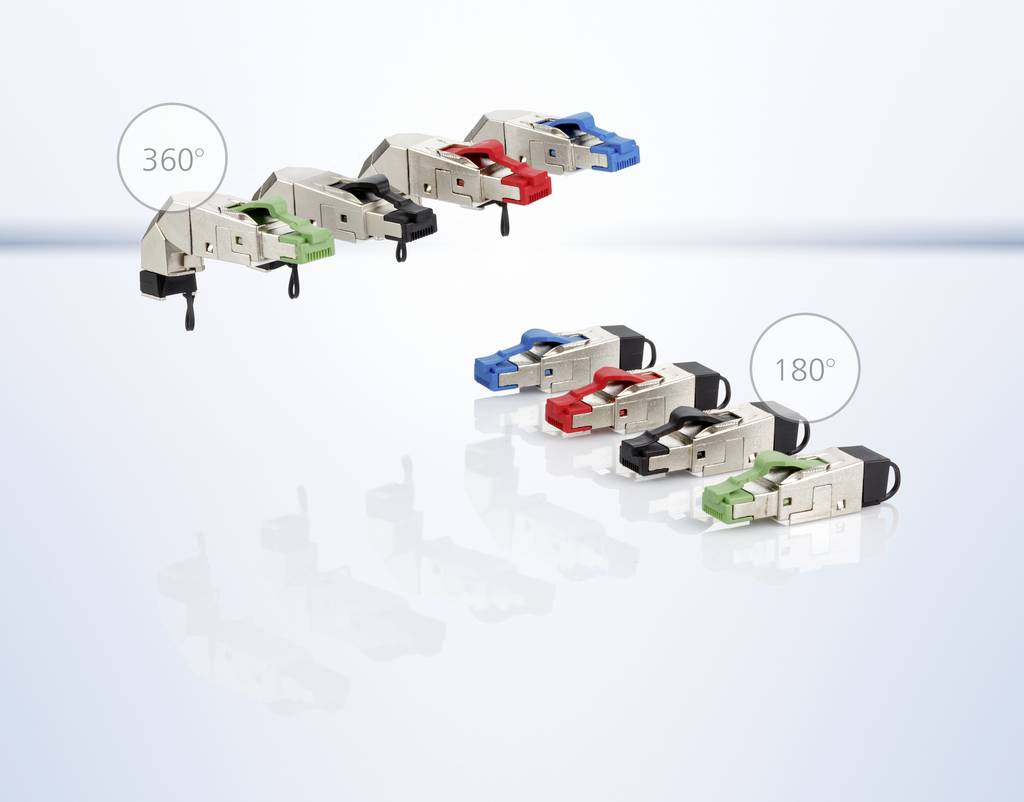Mehrere RJ45-Steckverbinder in verschiedenen Farben, die drehbar um 360° und 180° sind, liegen auf einer reflektierenden Oberfläche.