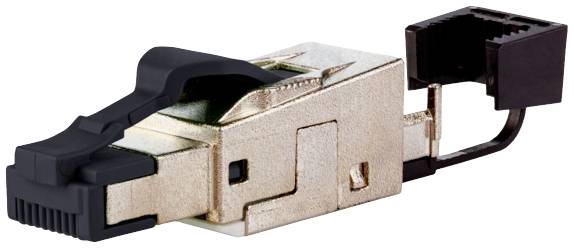 Abgebildet ist ein silberner Ethernet-Stecker mit schwarzem Clip aus Metall und Kunststoff.