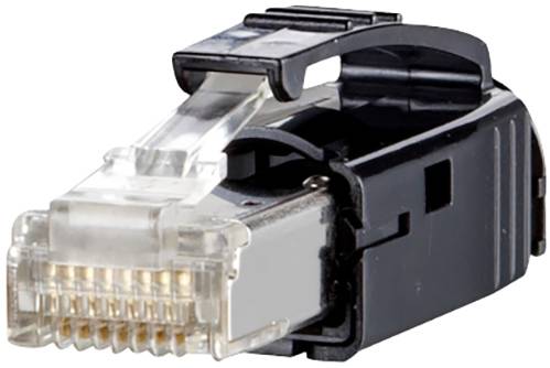 Ein RJ45-Netzwerkstecker mit werkzeugloser Installation, schwarzes Gehäuse und transparenter Abdeckung.