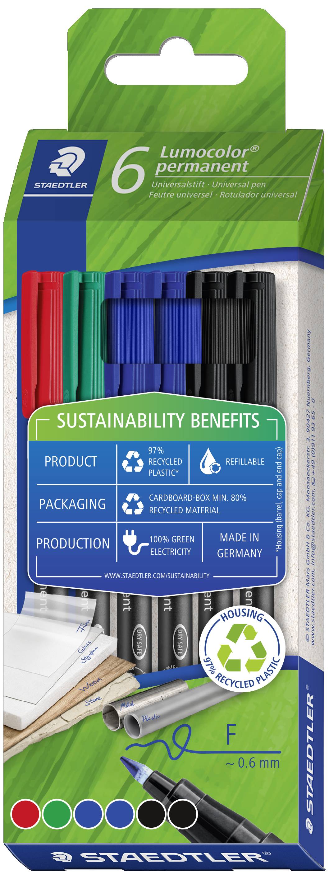 Staedtler Folienstift Lumocolor® permanent pen 318 318 C6-1 Rot, Blau, Grün, Schwarz