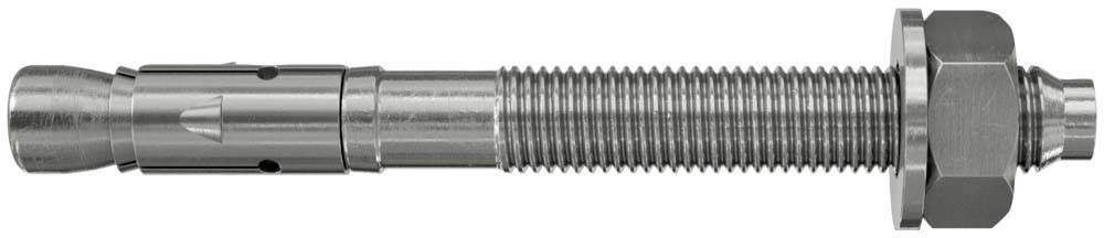 Ein Metall-Bolzen mit Gewinde, Mutter und Unterlegscheibe. Der Bolzen weist eine zylindrische Form mit Verankerungselementen auf.