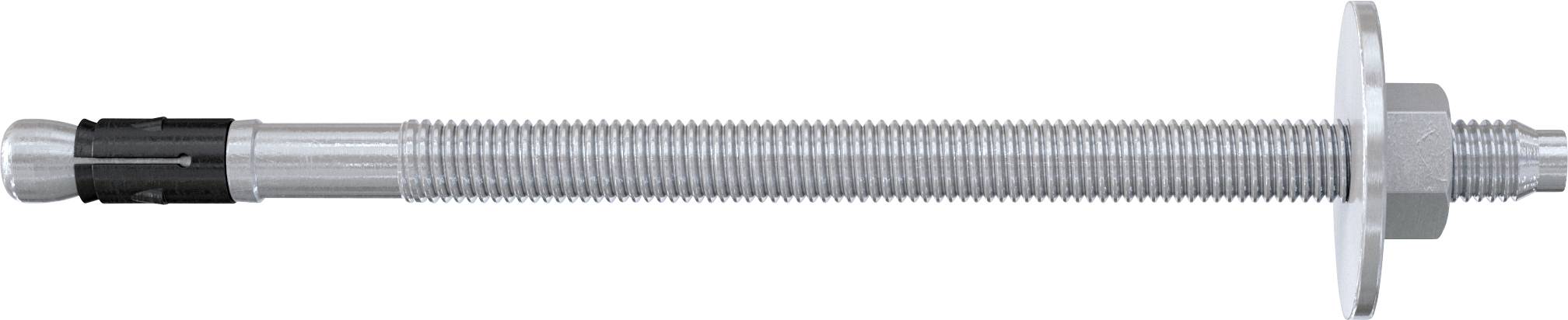 Metallische Gewindebefestigung mit langem Schaft, Sechskantmutter und Unterlegscheibe, horizontal auf weißem Hintergrund dargestellt.