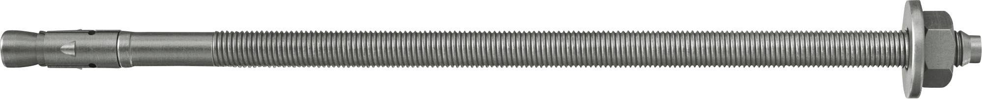 Ein gewindebolzen oder gewindestab aus metall mit einer sechskantmutter und einer unterlegscheibe an einem ende, horizontal auf weißem hintergrund dargestellt.