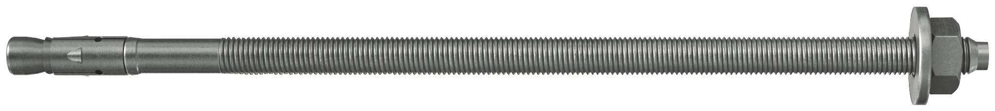 Langer Gewindemetallbolzen mit einer Mutter und einer Unterlegscheibe an einem Ende, horizontal vor weißem Hintergrund dargestellt.