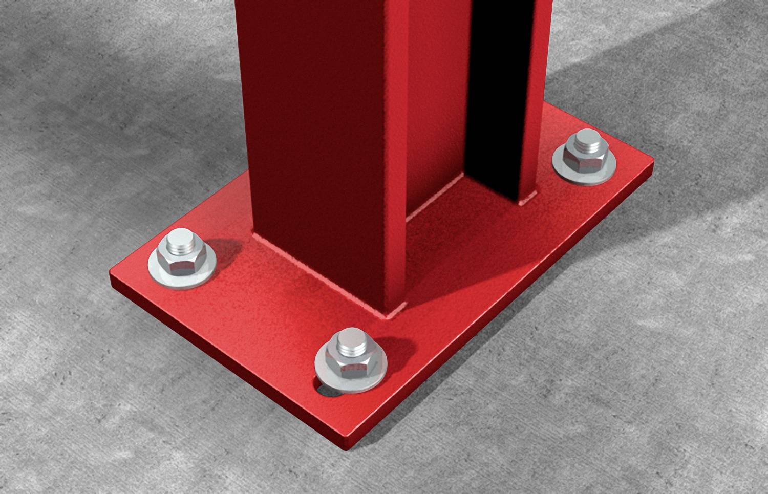 Rote Metallstütze mit rechteckiger Fußplatte, auf Betonboden verschraubt. Vier Schrauben sichern die Platte.