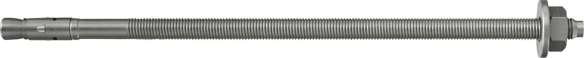 Metallgewindestab mit glatter Schaftendfläche und Scheibenmutternanordnung, horizontal auf weißem Hintergrund dargestellt.