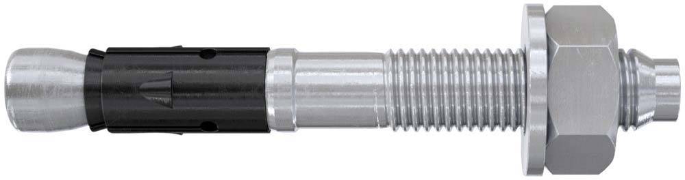 Stahlbolzen mit Gewinde, Sechskantmutter und schwarzer Kunststoffdübel; wird zur Befestigung in Wänden verwendet.