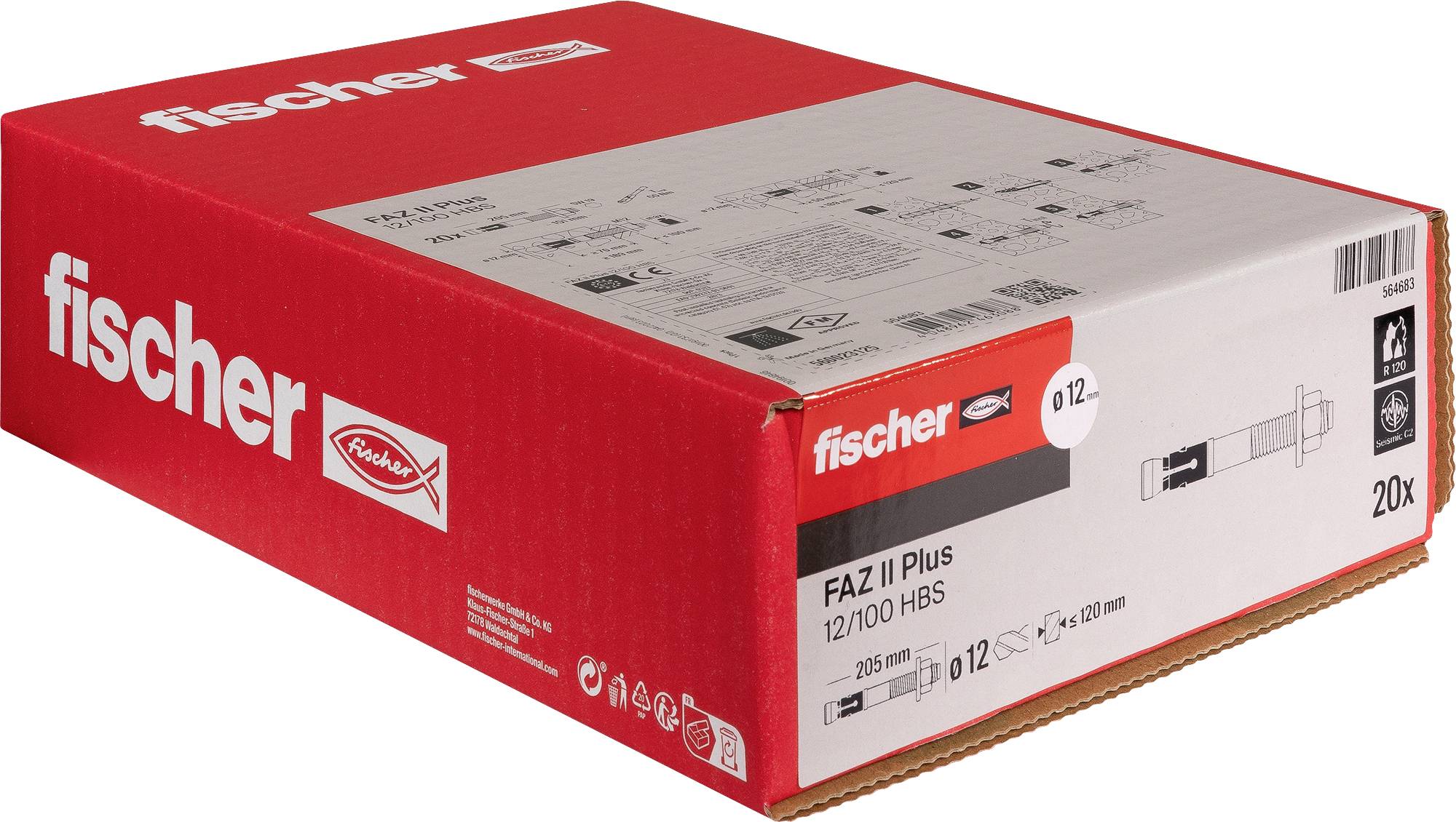 Roter Fischer-Karton mit FAZ II Plus 12/100 HBS-Dübeln, beschriftet mit 20x, auf weißem Hintergrund dargestellt.