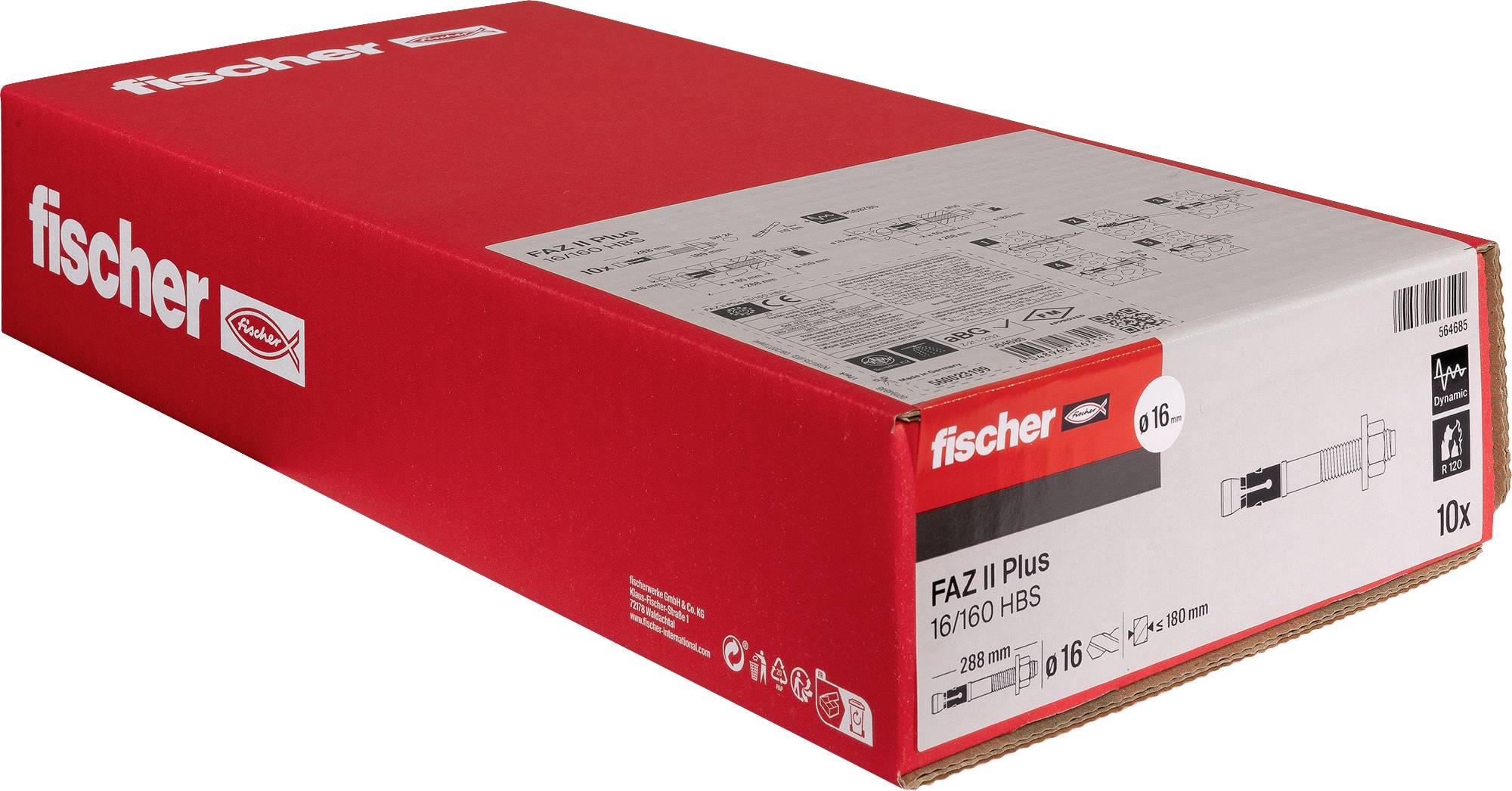 Rote Fischer-Box mit Fischer FAZ II Plus Ankerschrauben, auf der Frontseite das Produktetikett und technische Spezifikationen angezeigt.