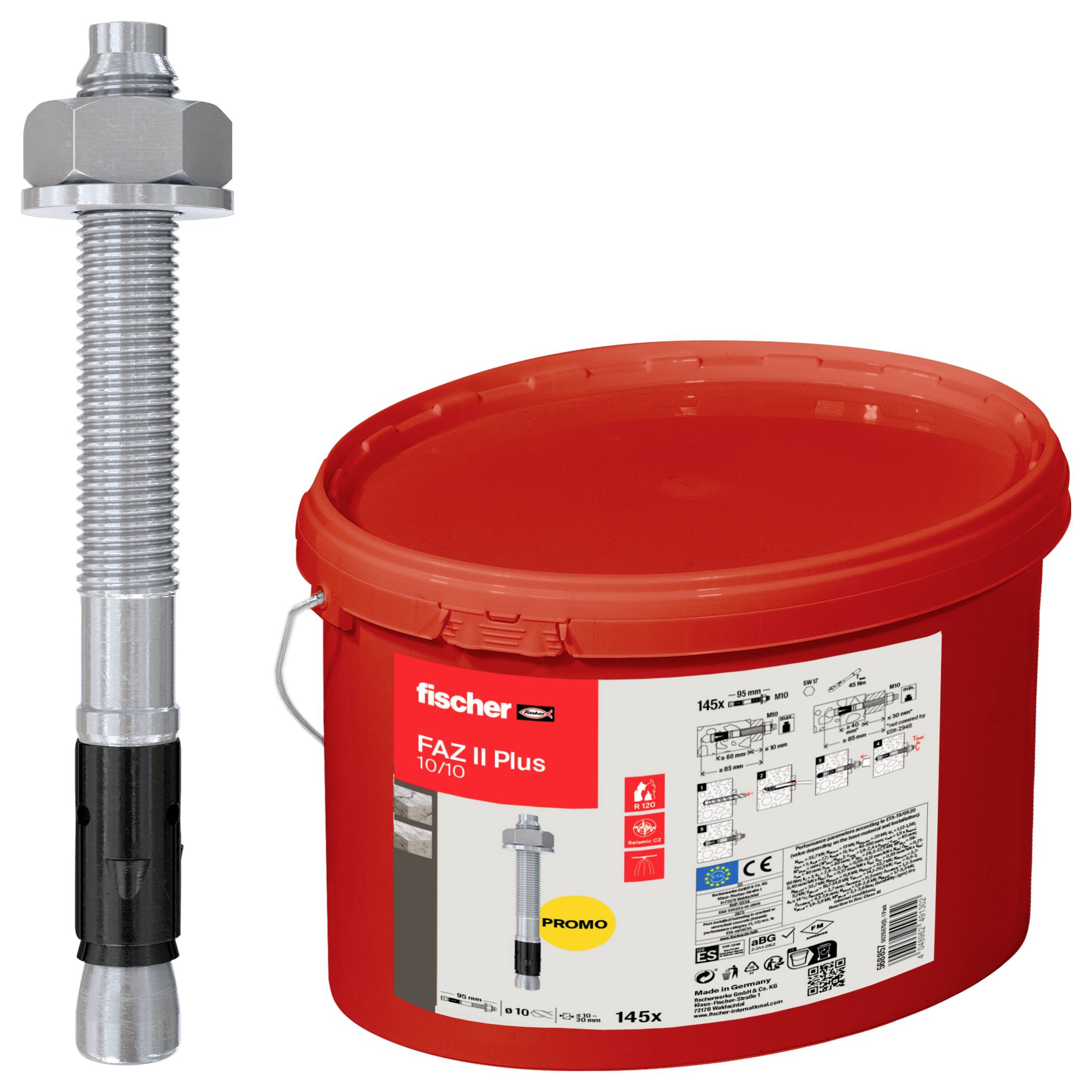 Ein Ankerbolzen wird neben einem roten Fischer FAZ II Plus Behälter gezeigt, der für den Baueinsatz gekennzeichnet ist.