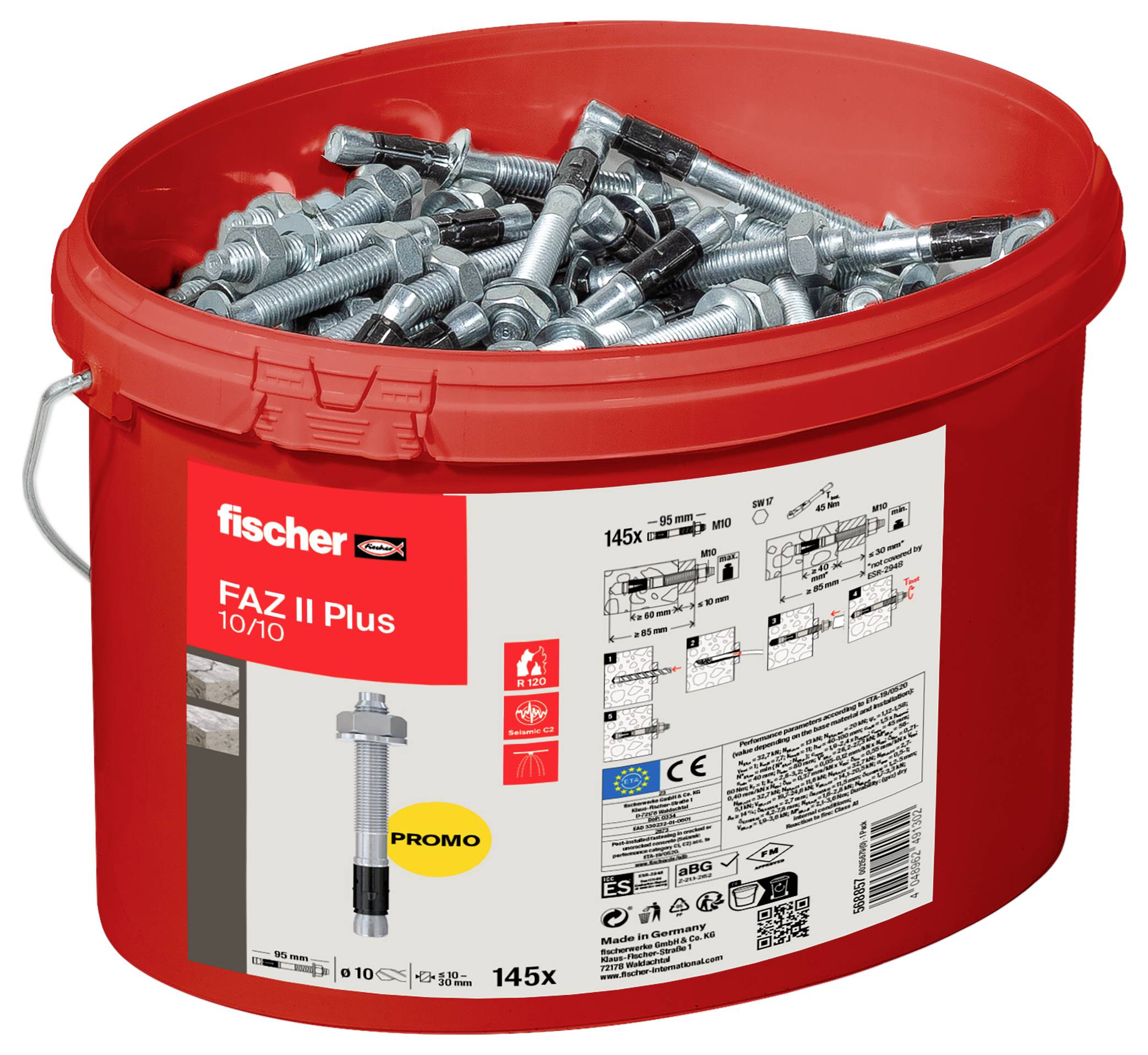 Roter Eimer von fischer FAZ II Plus 10/10 Betonbolzen, gekennzeichnet mit Werbe- und technischen Informationen, einschließlich einer Menge von 145 Stück.