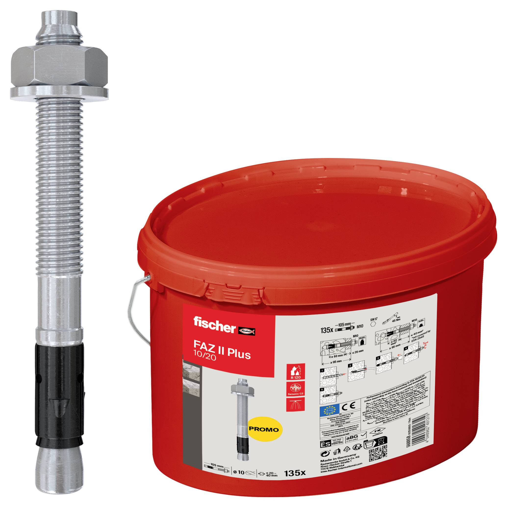 Fischer FAZ II Plus 10/20 Ankerschraube und roter Container mit Produktetikett, der Marke und Spezifikationen zeigt.