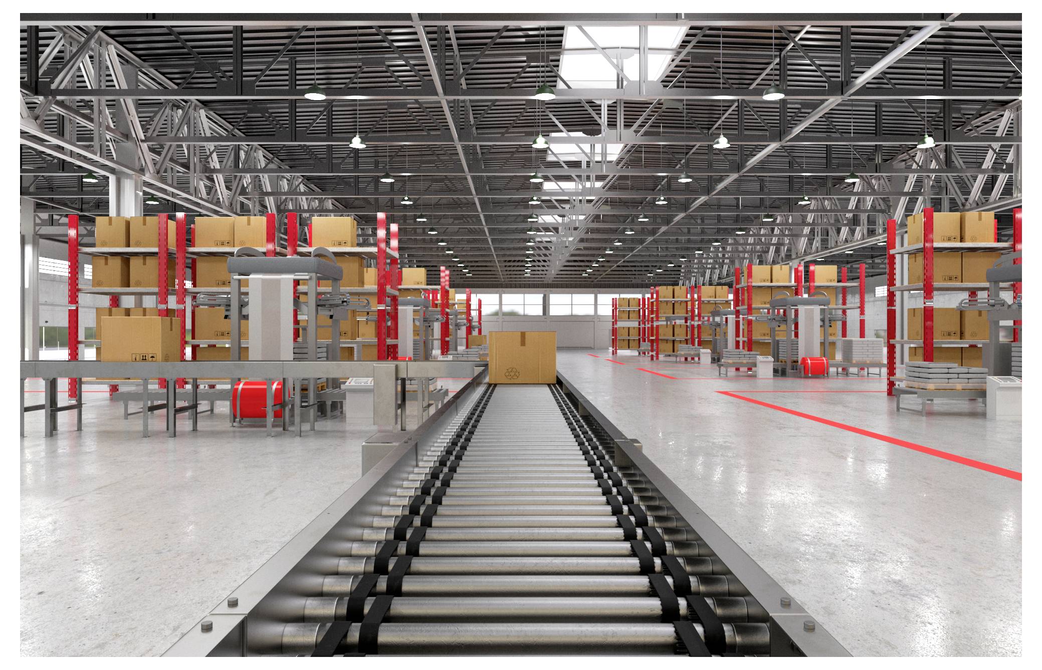Ein großes Lagerhaus mit Förderbändern und Regalen, die mit Kartons und Paketen gefüllt sind, unter heller Beleuchtung.