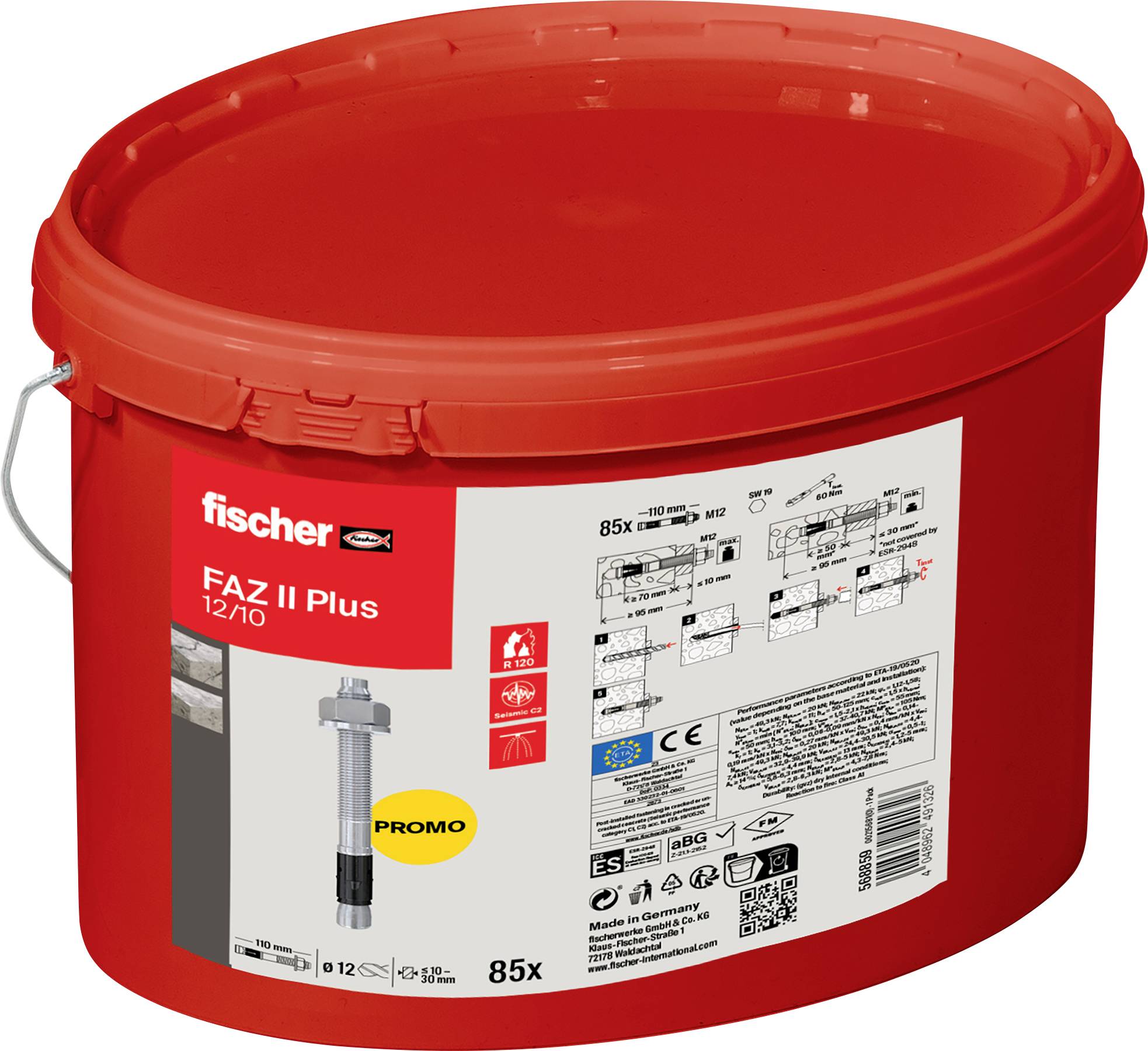 Roter Eimer mit Aufschrift Fischer FAZ II Plus 12/10, enthält Details und Bilder zu Produktspezifikationen und bewirbt ein Sonderangebot.