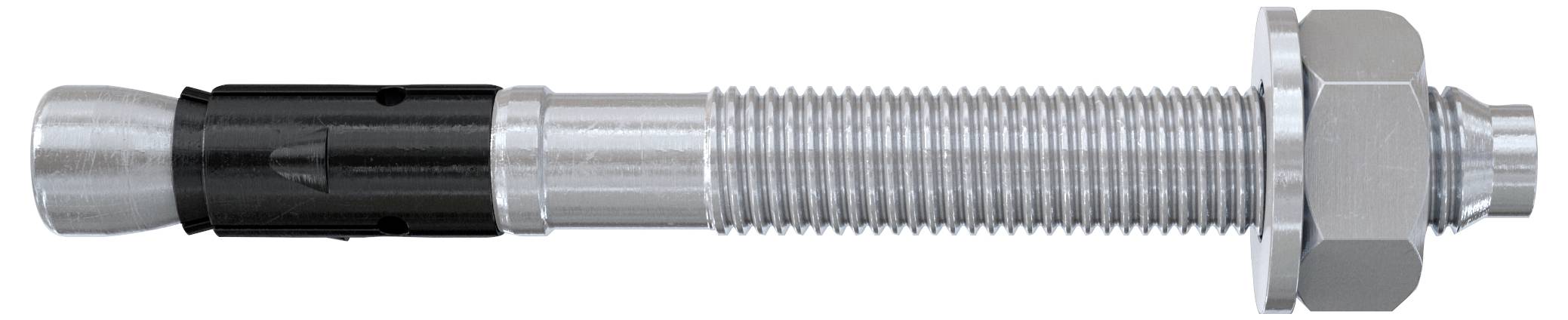Ein Metallverankerungsbolzen mit Gewindekörper, Sechskantmutter und Unterlegscheibe, der üblicherweise zum Befestigen schwerer Objekte auf Betonoberflächen verwendet wird.