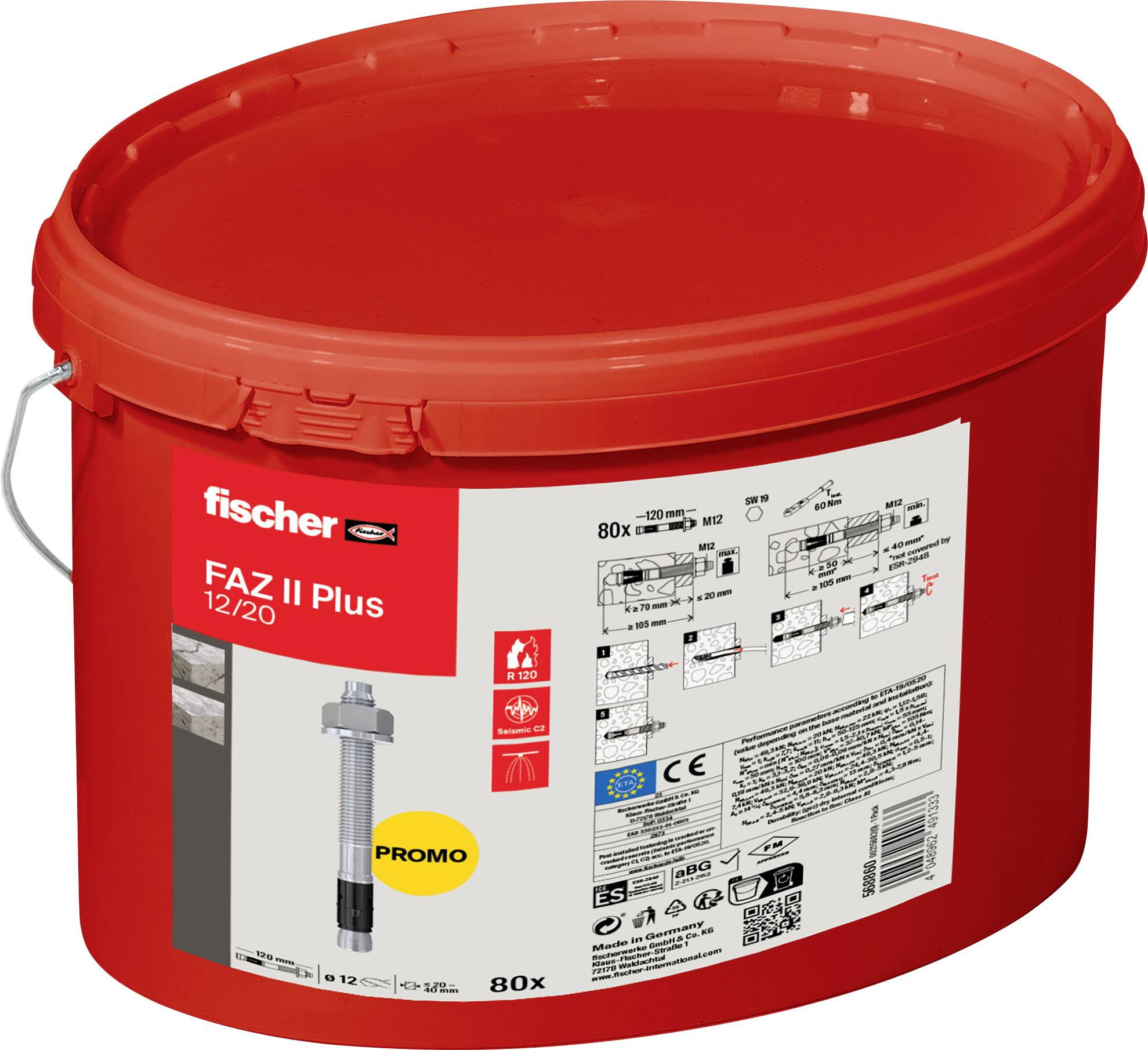 Roter Eimer mit der Beschriftung 'fischer FAZ II Plus 12/20', der 80 Stück eines Metallankers enthält. Inklusive technischer Details und 'PROMO'-Aufkleber.