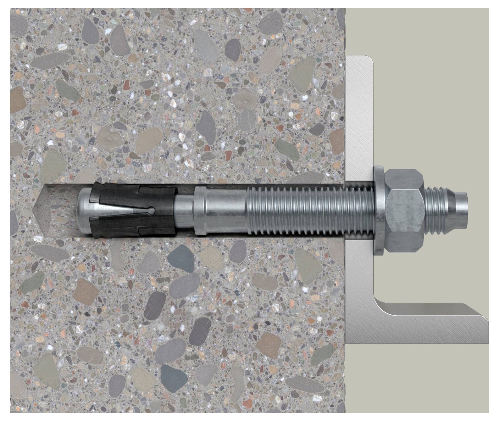 Schnittdarstellung eines Keilankers, der in Beton verankert ist, mit Darstellung des eingebetteten Teils mit befestigter Mutter und Unterlegscheibe, daneben eine Metallplatte.