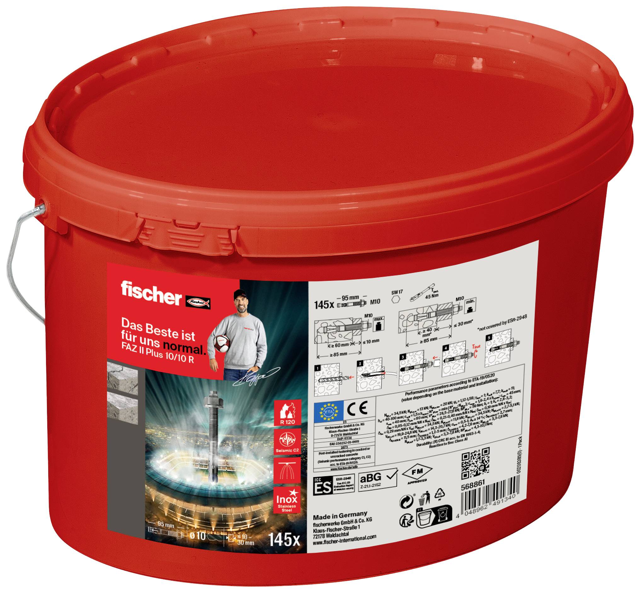 175 Stück fischer FAZ II Spreizdübel in rotem Kunststoffbehälter. Geeignet für Schwerlastbefestigungen in Beton. CE- und ETA-zertifiziert.
