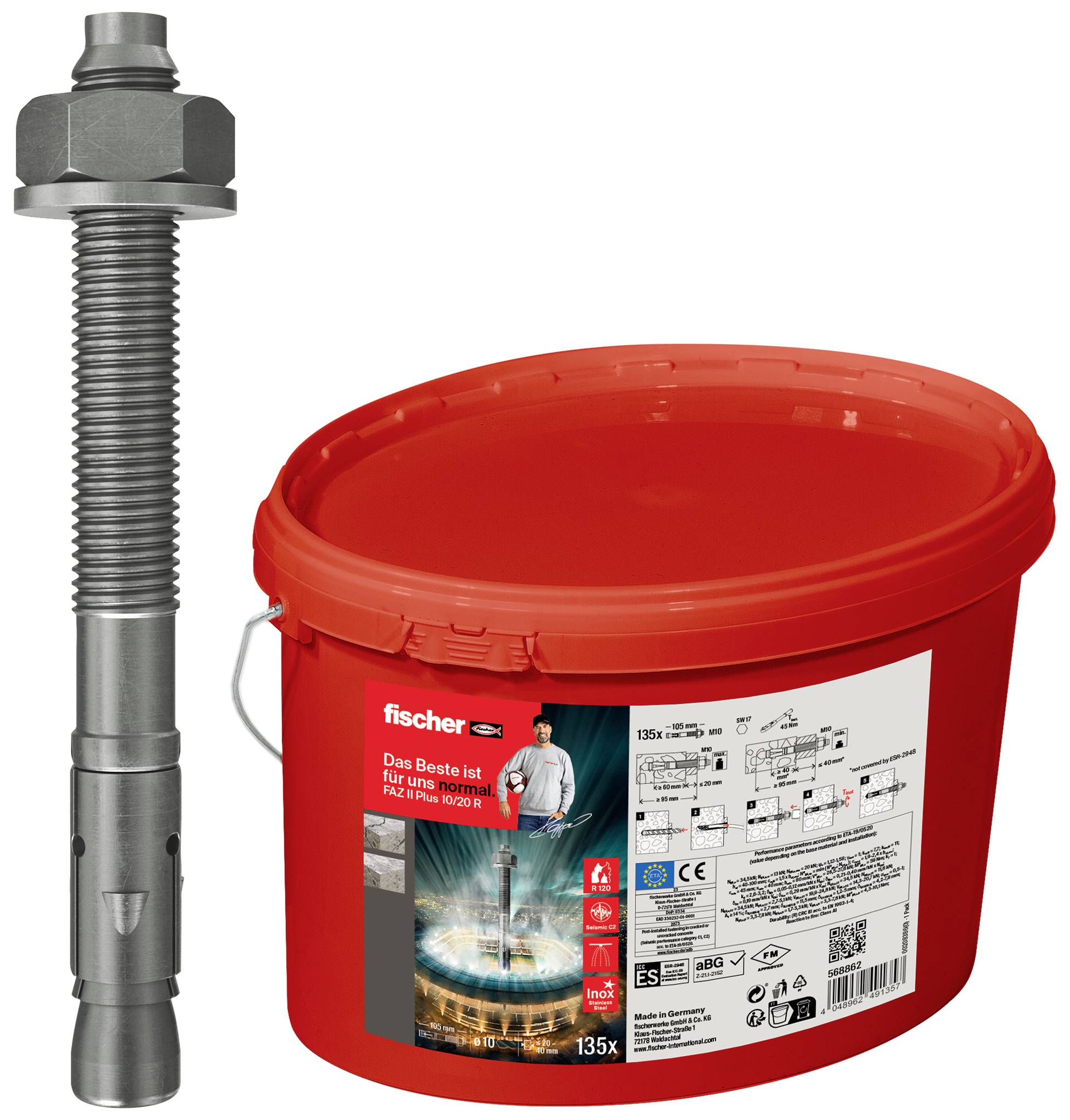 'Fischer FAZ II 12/50 A4' Schwerlastanker neben einem roten Eimer mit Produktdetails und technischen Informationen.