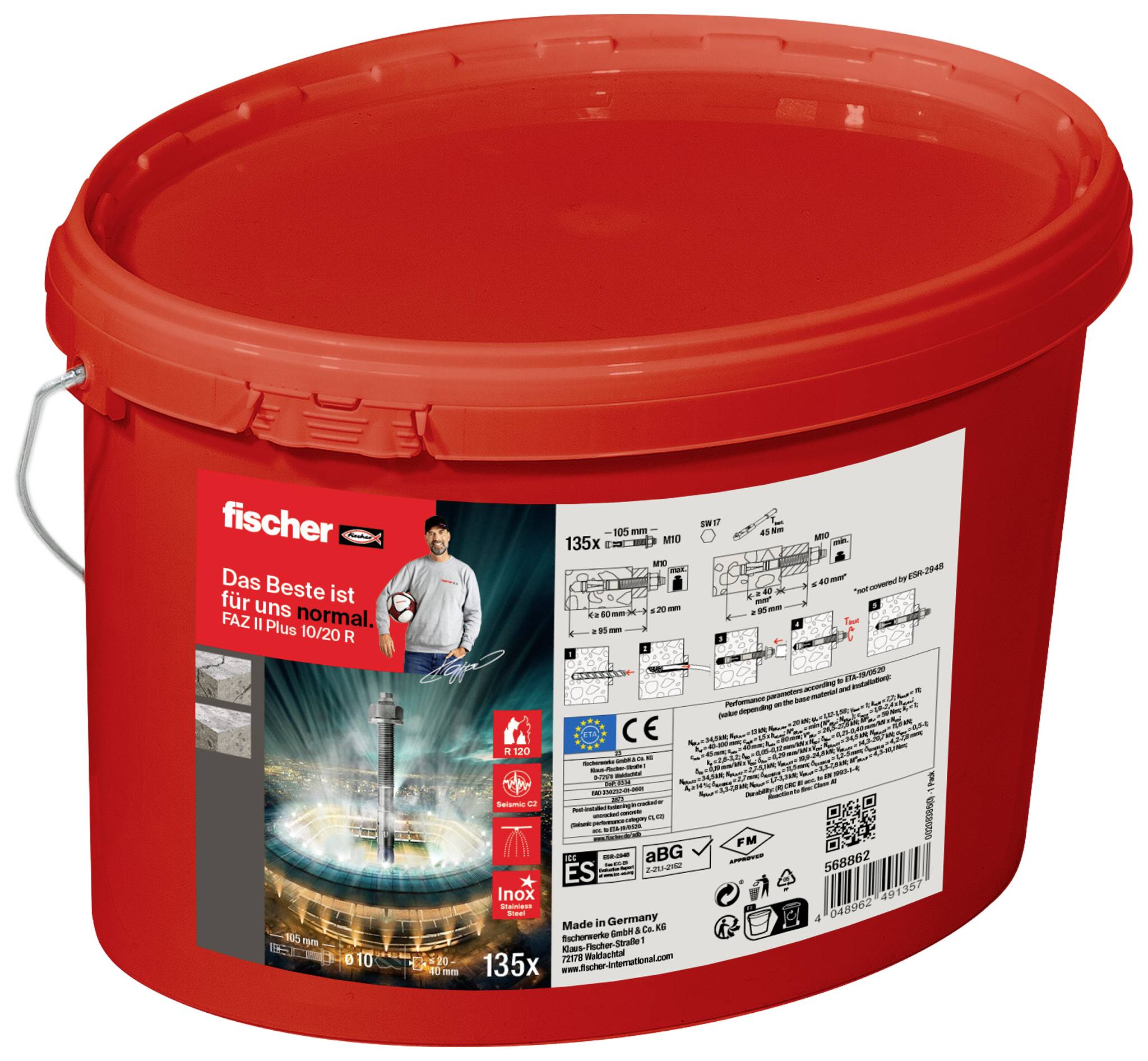 Roter Eimer mit Fischer-Logo, FZP II Plus 10/20 R Bolzenanker, 135 Stück. Abbildung oben zeigt Montageanleitung und Produktdetails.