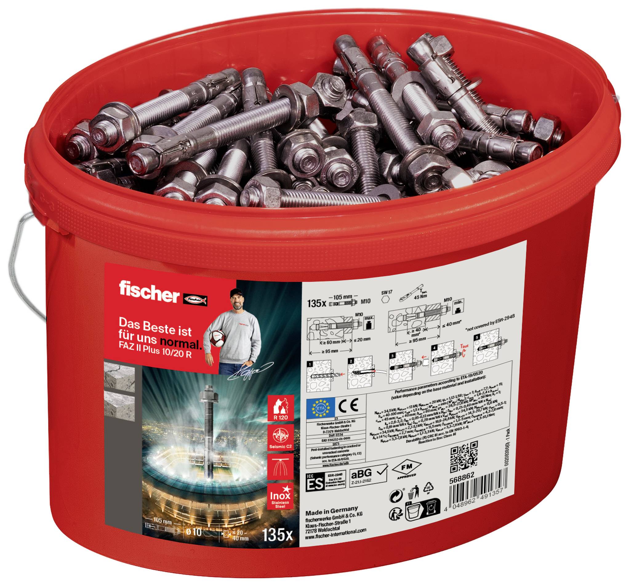 Roter Eimer mit 135 Metallankern der Marke Fischer, geeignet für Betonbefestigungen. Aufkleber zeigt Sicherheits- und Produktinformationen.