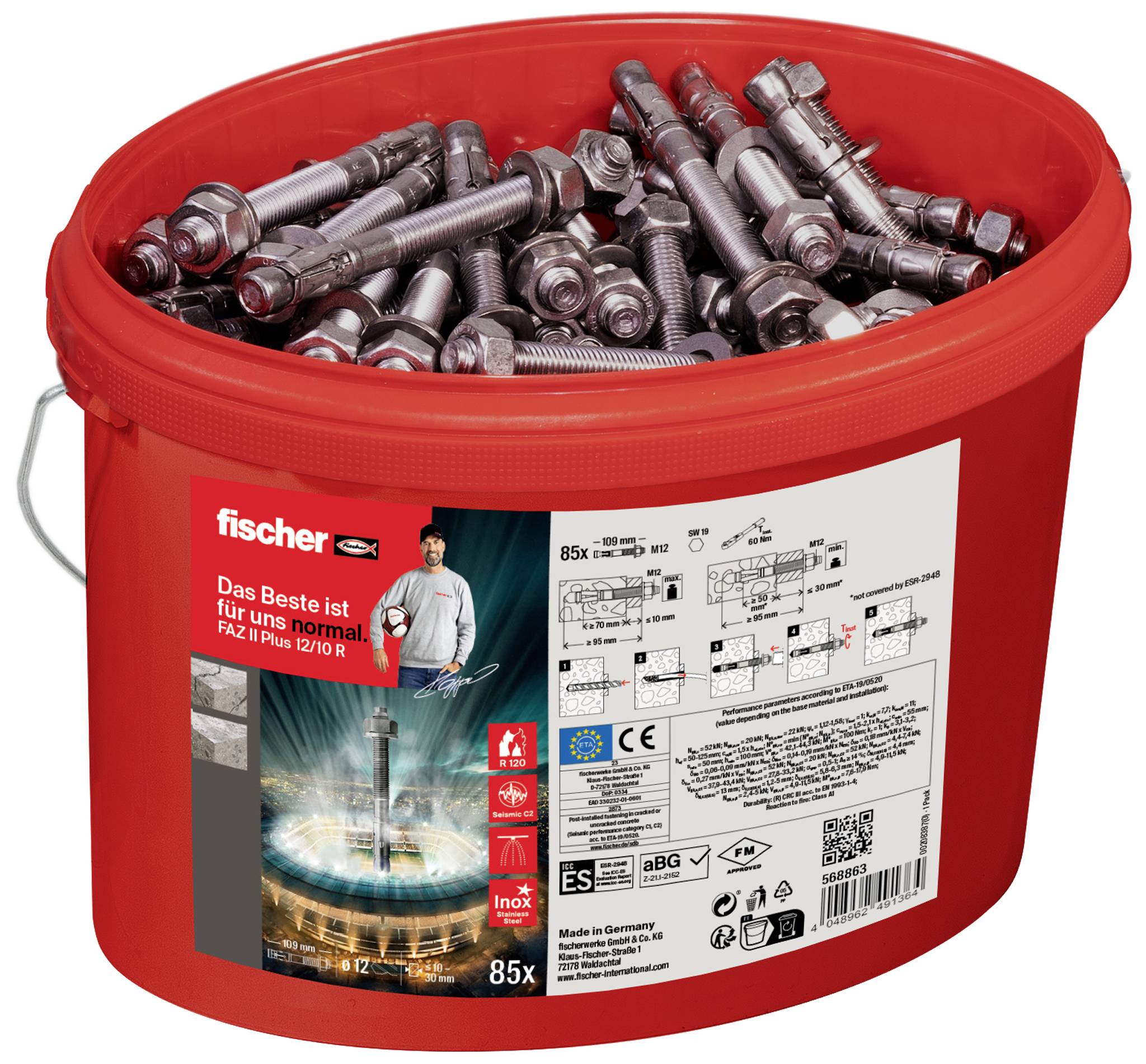 Ein roter Eimer mit 85 Metallankern von Fischer, Modell FAZ II Plus 12/10 R. Etikett zeigt technische Details und Anwendungshinweise.