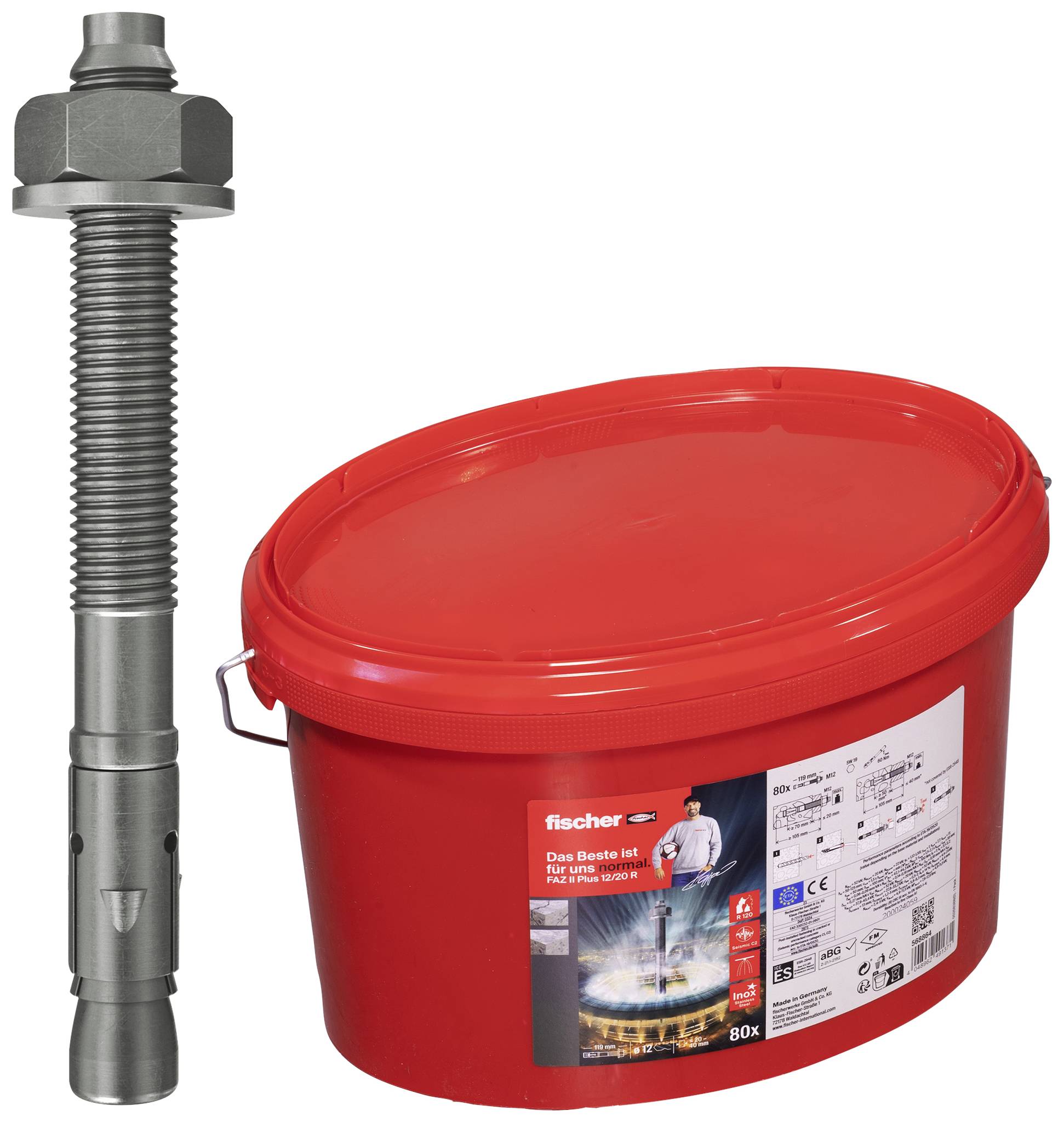 Ein Metallanker neben einem roten Behälter mit fischer-Branding. Anwendungsdetails und Symbolik auf der Verpackung sichtbar.