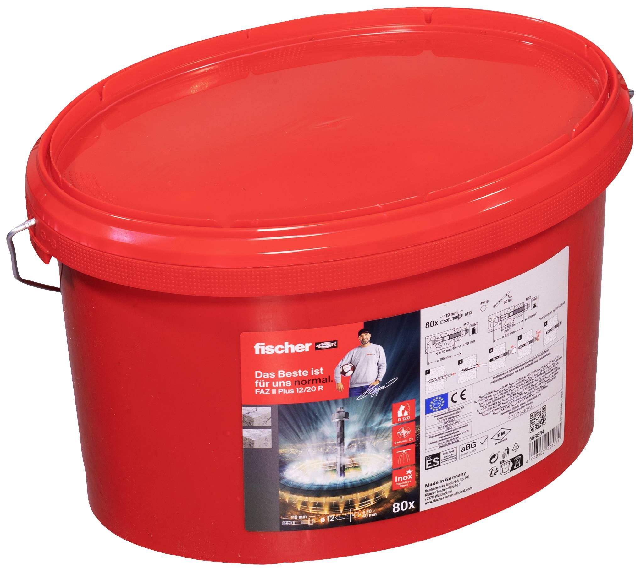 Roter Eimer mit Fischer-Logo, Aufschrift 'Das Beste ist für uns genau richtig', enthält 80 Anker, Abbildung eines Mannes mit Hammer.