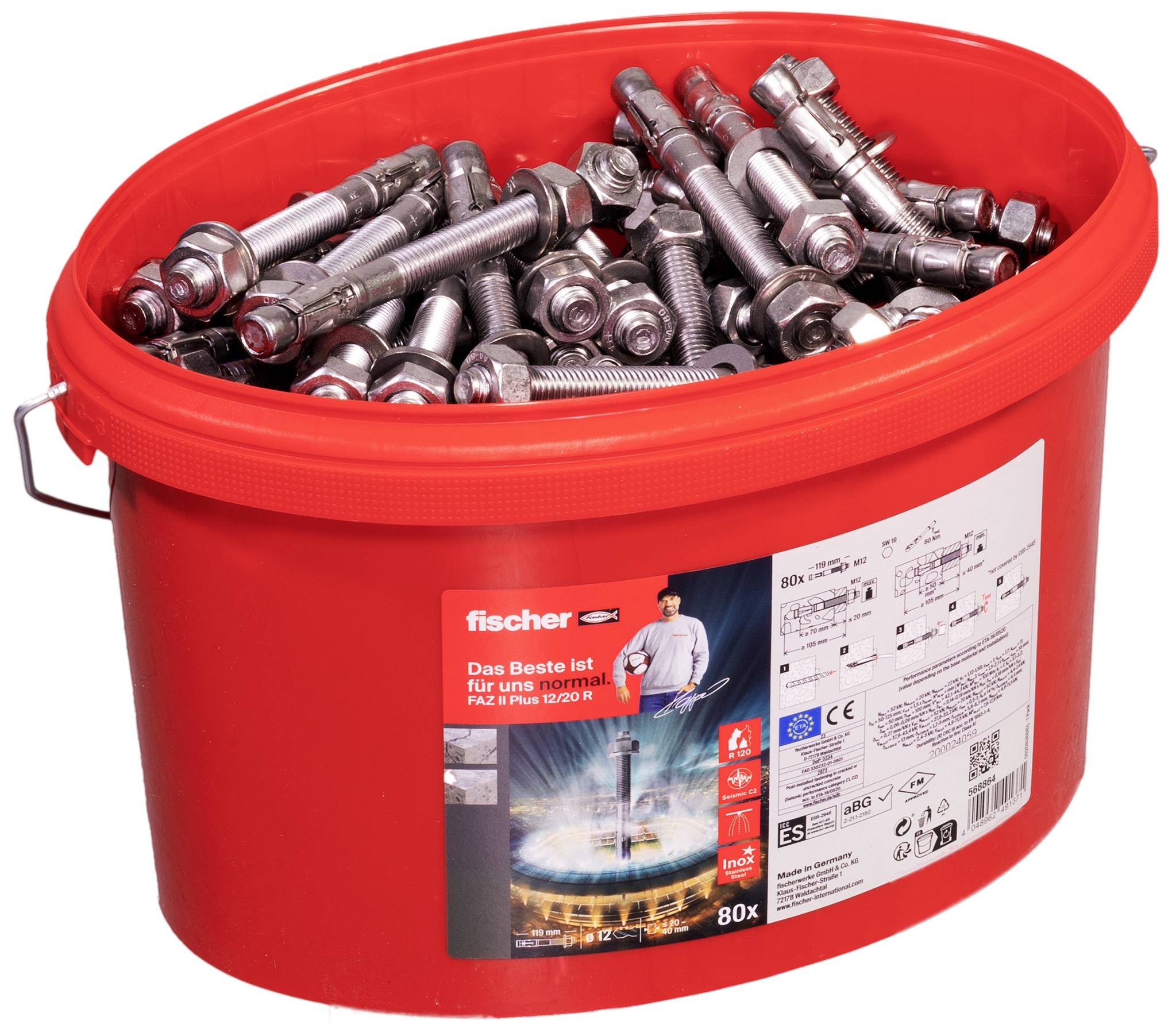 Ein roter Eimer mit 80 Fischer FAZ II Plus Bolzenankern. Auf dem Eimer befindet sich ein Etikett mit Produktdaten und Anwendungsbildern.
