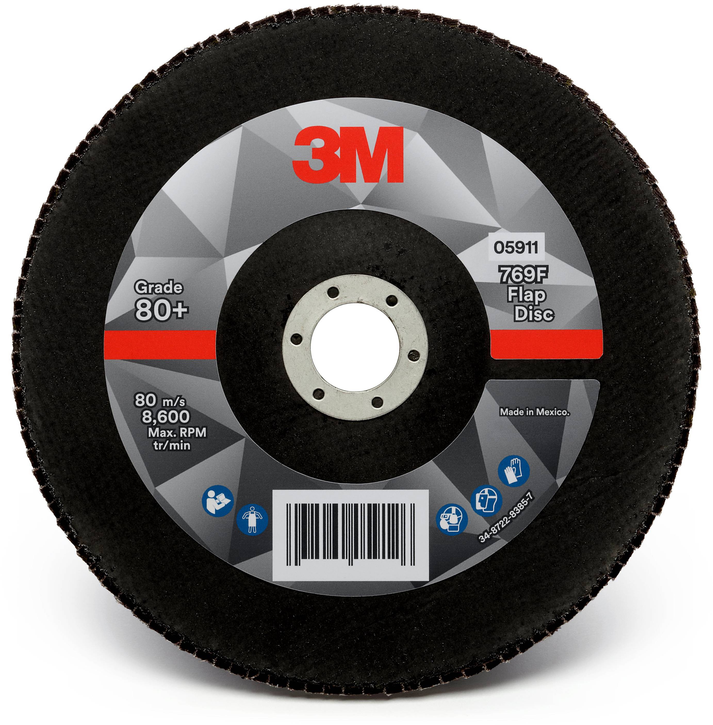 Schleifscheibe mit rotem '3M'-Logo. Aufdruck: 'Grade 80+', 'Flap Disc', 'Made in Mexico', Geschwindigkeit 80 m/s, 8600 U/min.