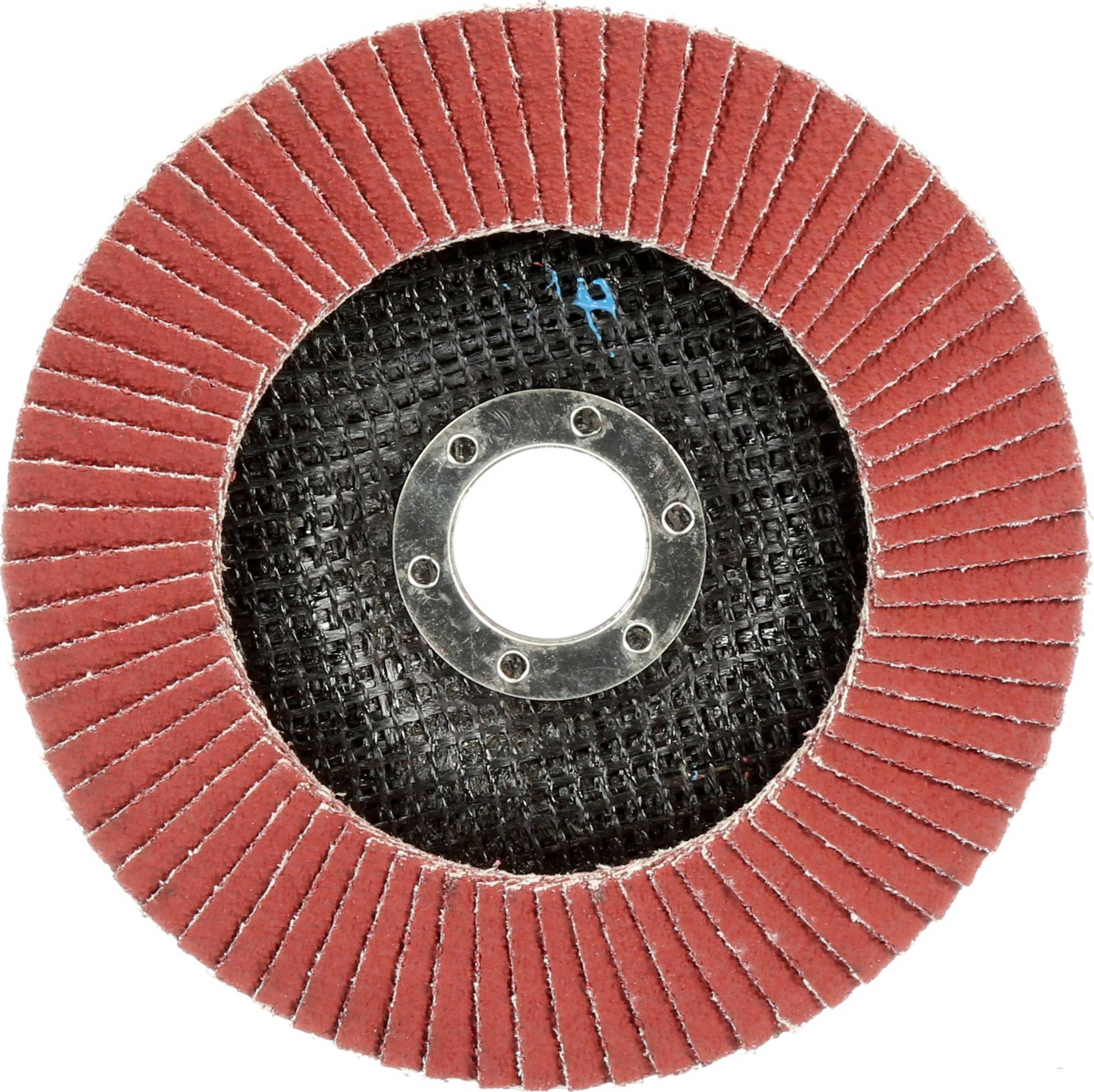 Ein Schleifmopprad mit roter Schleiffläche, konzentrisch angeordnet um eine mittige Metallbohrung.