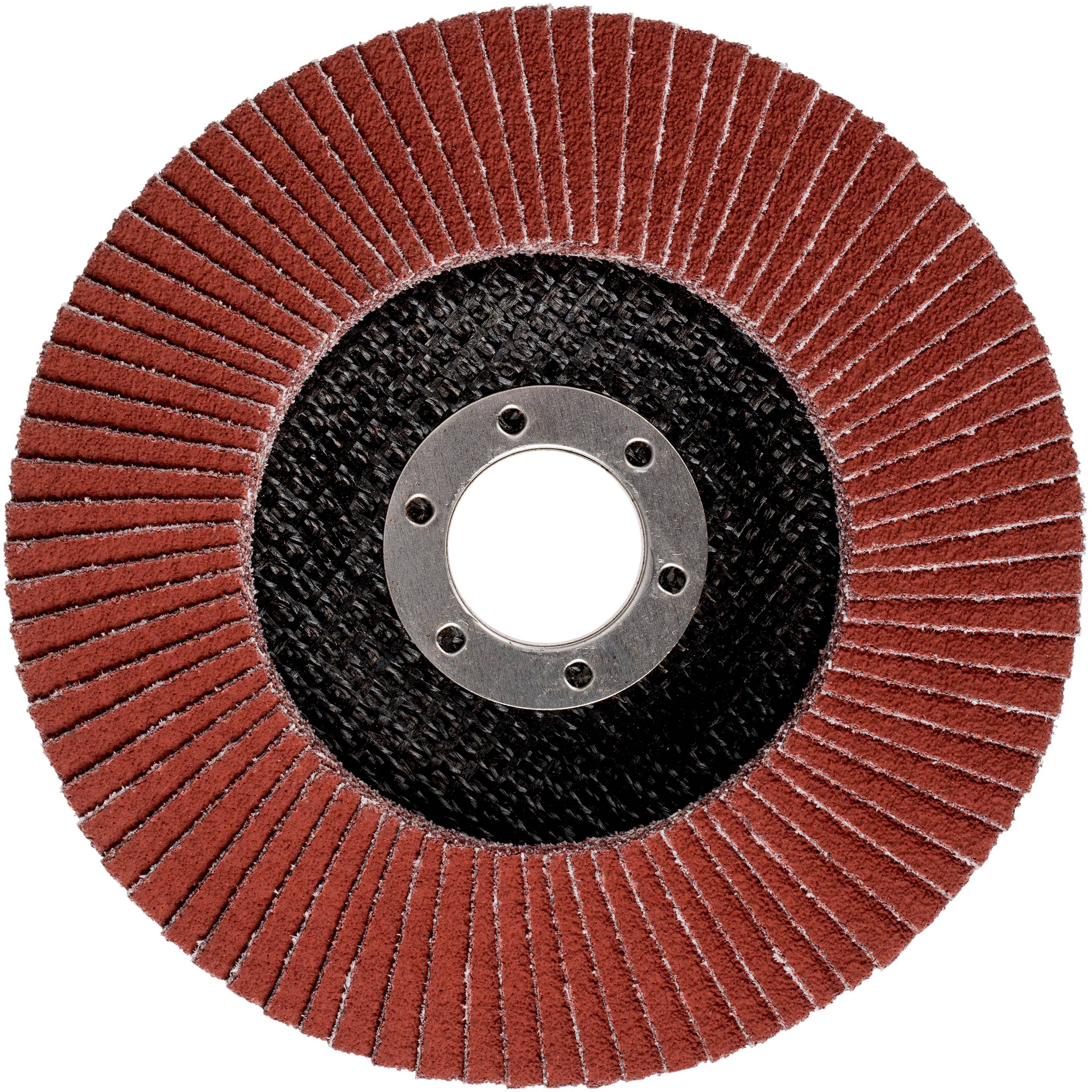 Eine rote Schleifscheibe mit Lamellen, die sich radial von der Mitte nach außen erstrecken. Sie wird zum Schleifen von Oberflächen verwendet.