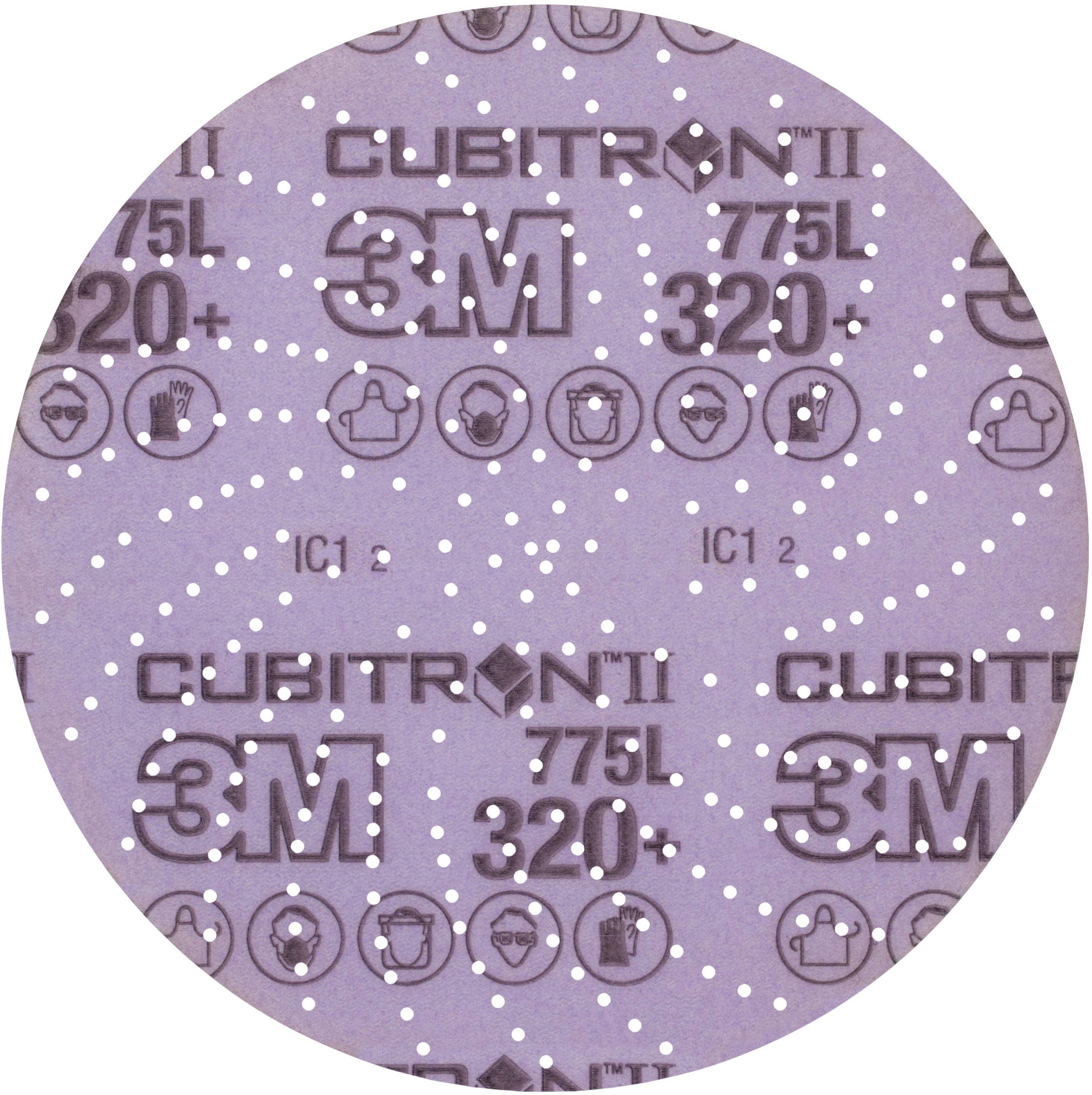 Ein violetter Schleifscheiben-Ausschnitt mit weißem '3M Cubitron II 775L 320+' Text, perforiert mit kleinen Löchern.