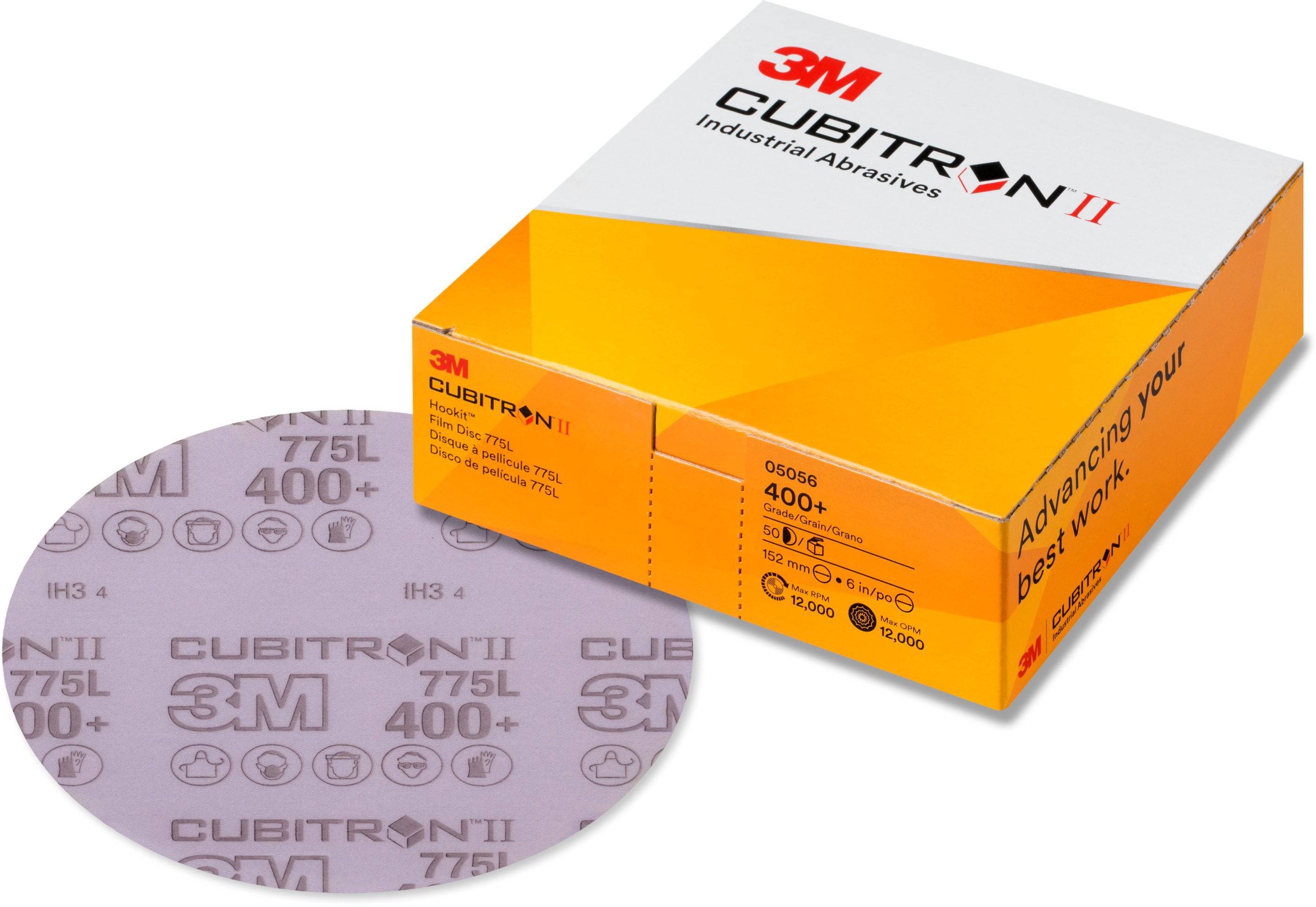 Schleifpapier von 3M Cubitron II, rund, Körnung 400+. Verpackung ist gelb-weiß mit Firmenlogo und Text 'Advancing your best work'.