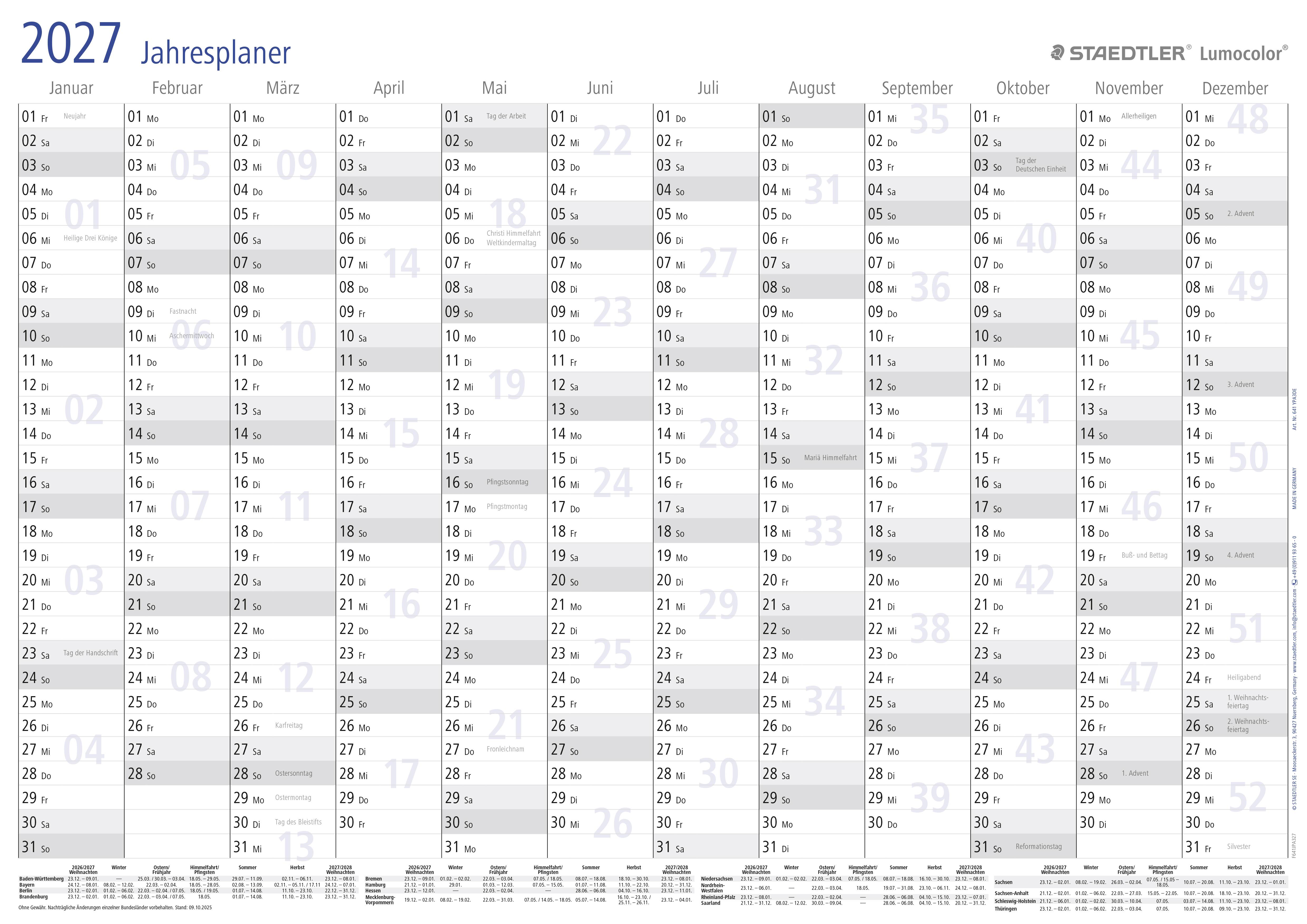 2027 yearly planner calendar showing all months January to December in a grid with dates and week numbers.