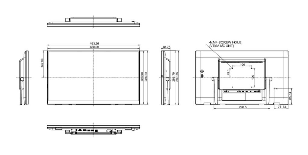 Technische Zeichnung eines Monitors mit Abmessungen und Montagehinweisen. Vorder-, Seiten- und Rückansicht des Geräts sind gezeigt.