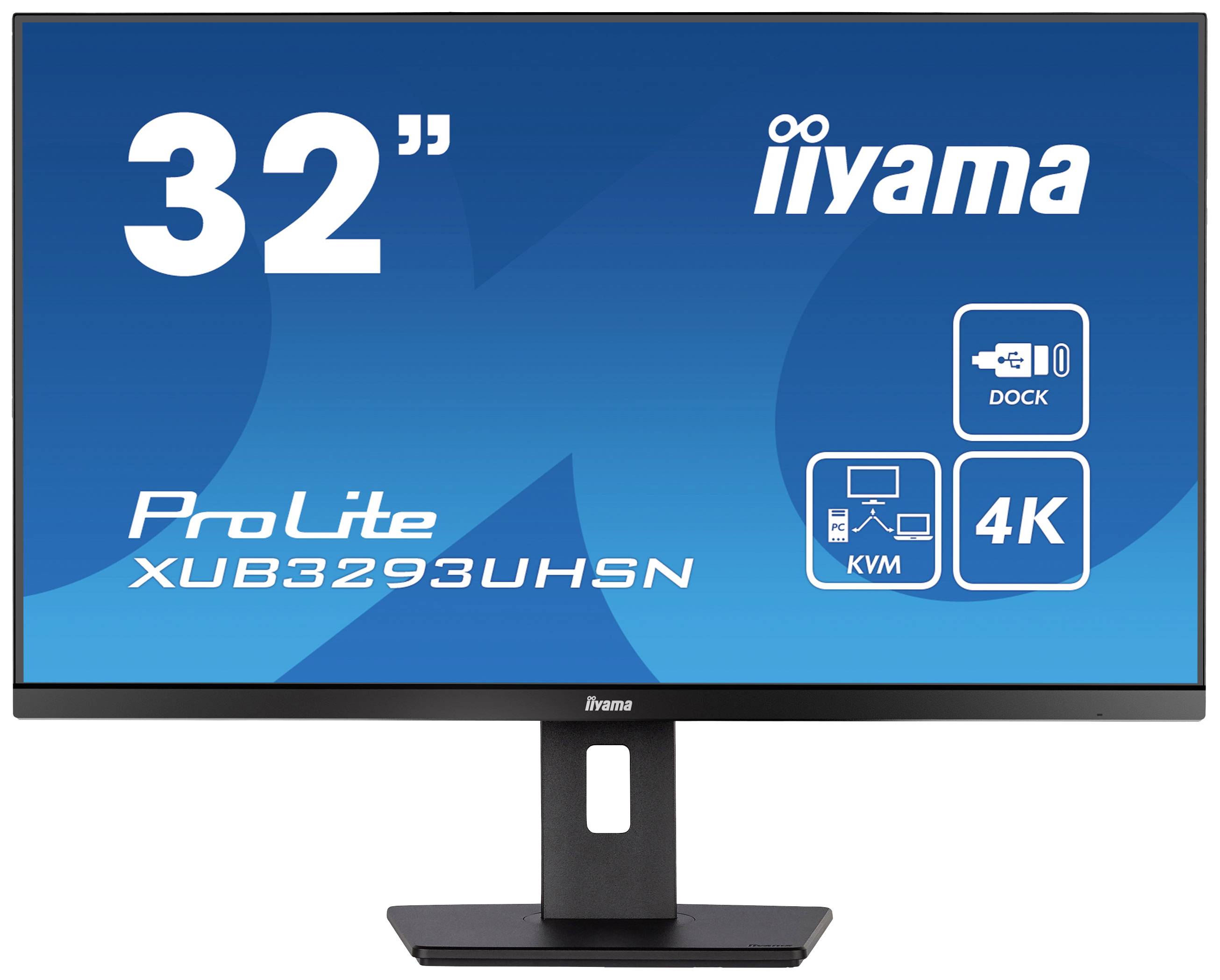 Ein 32-Zoll-Monitor von iiyama, Modell ProLite XUB3293UHSN, zeigt Symbole für Dock, KVM und 4K-Auflösung.