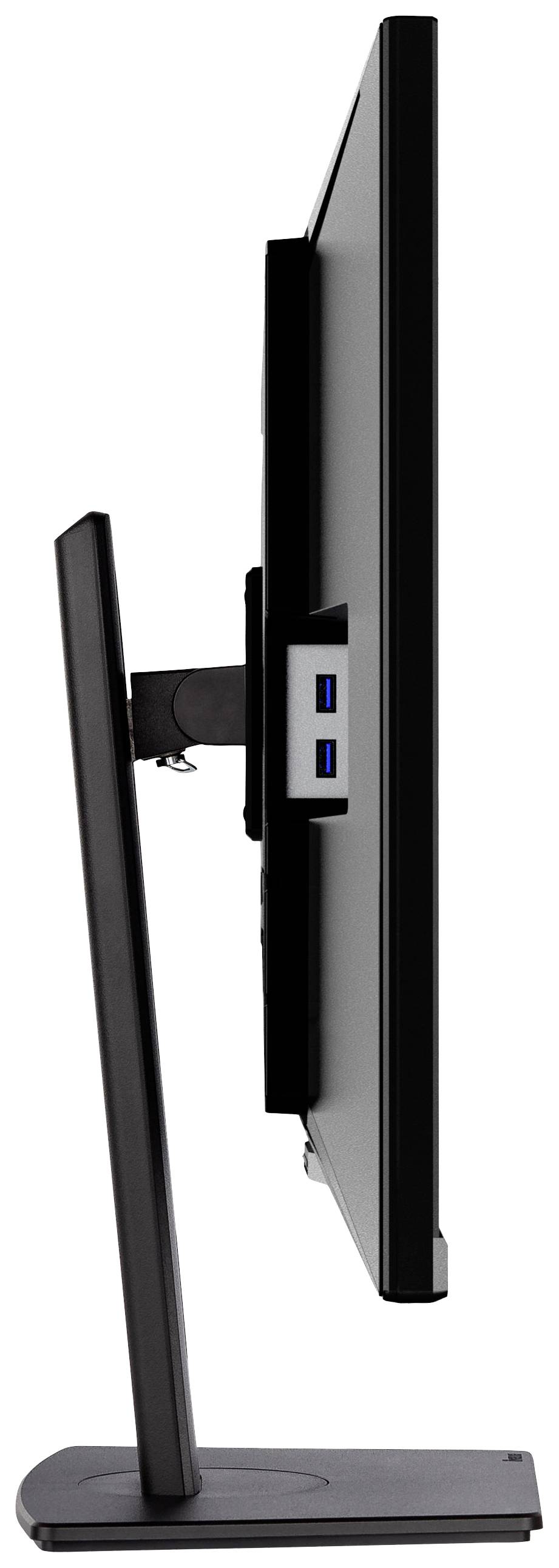 Seitenansicht eines flachen Computermonitors mit schwarzem Rand. Der Monitor ist auf einem Standfuß montiert. Zwei USB-Anschlüsse sind sichtbar.