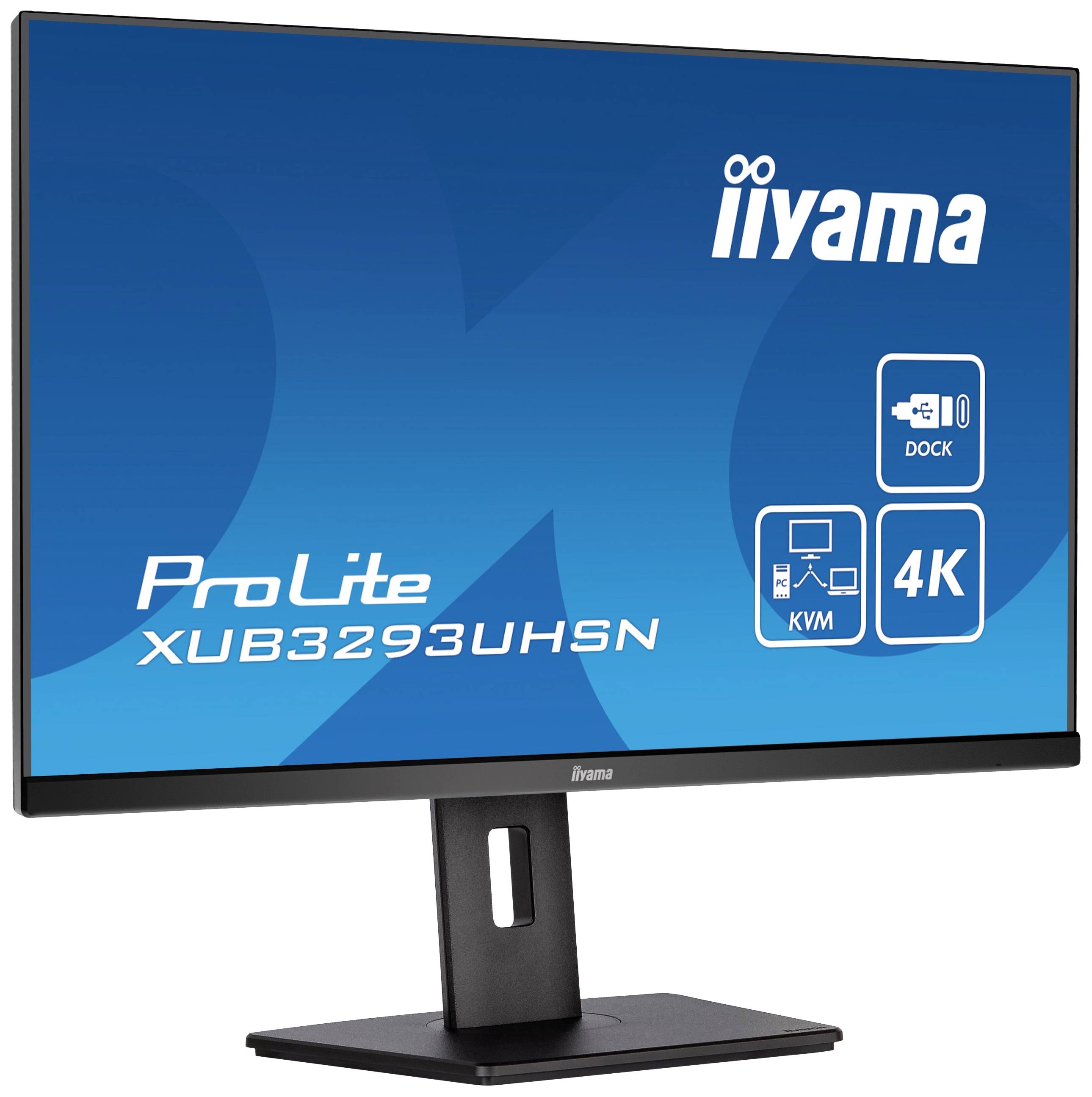 Ein schwarzer Monitor der Marke iiyama. Auf dem Bildschirm sind Symbole für 'DOCK', 'KVM' und '4K' sowie die Modellnummer 'ProLite XUB3293UHSN' zu sehen.