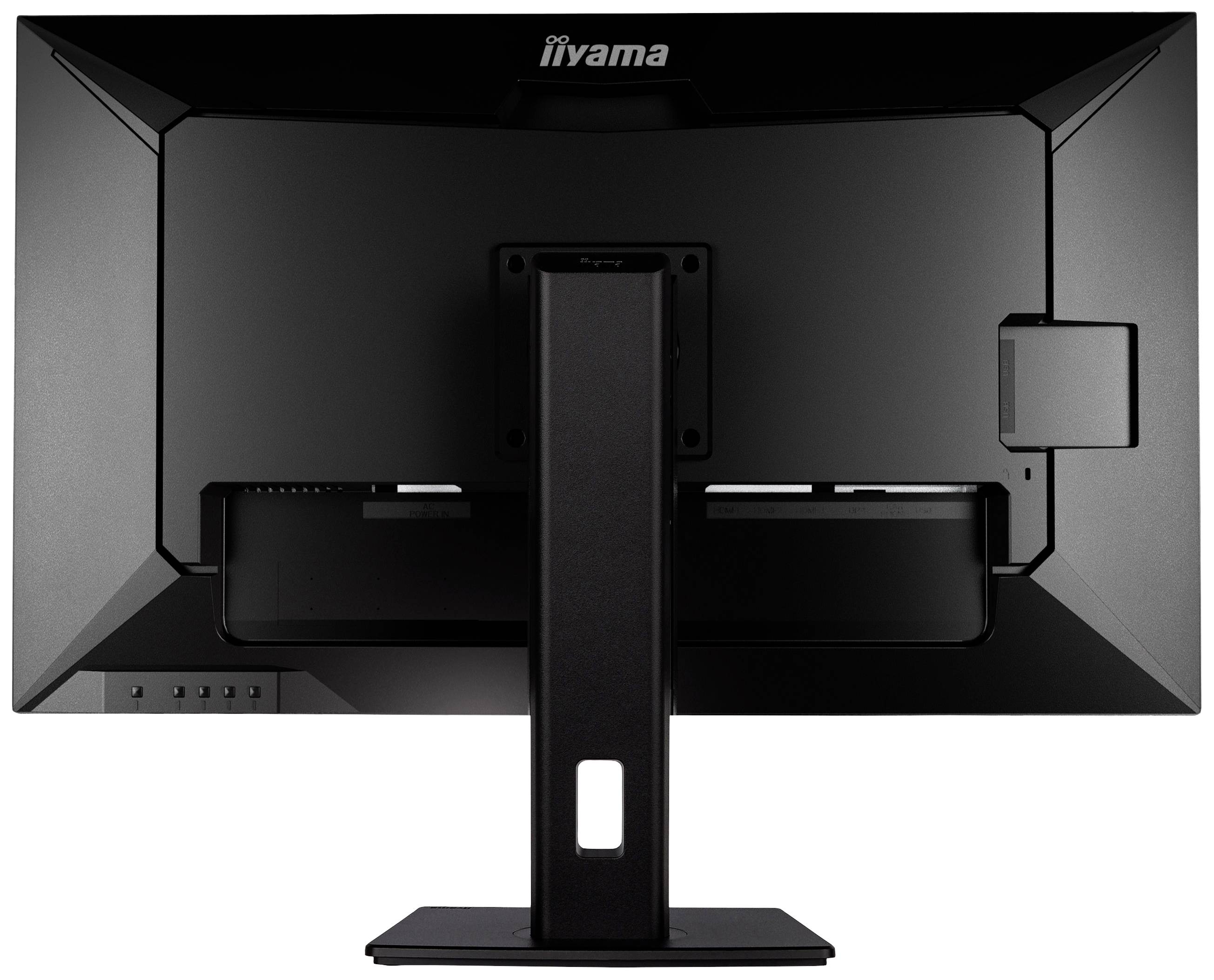 Ein schwarzer Computermonitor von hinten, auf einem Standfuß montiert. Oben steht 'Iiyama'. Der Monitor hat klare, kantige Formen.