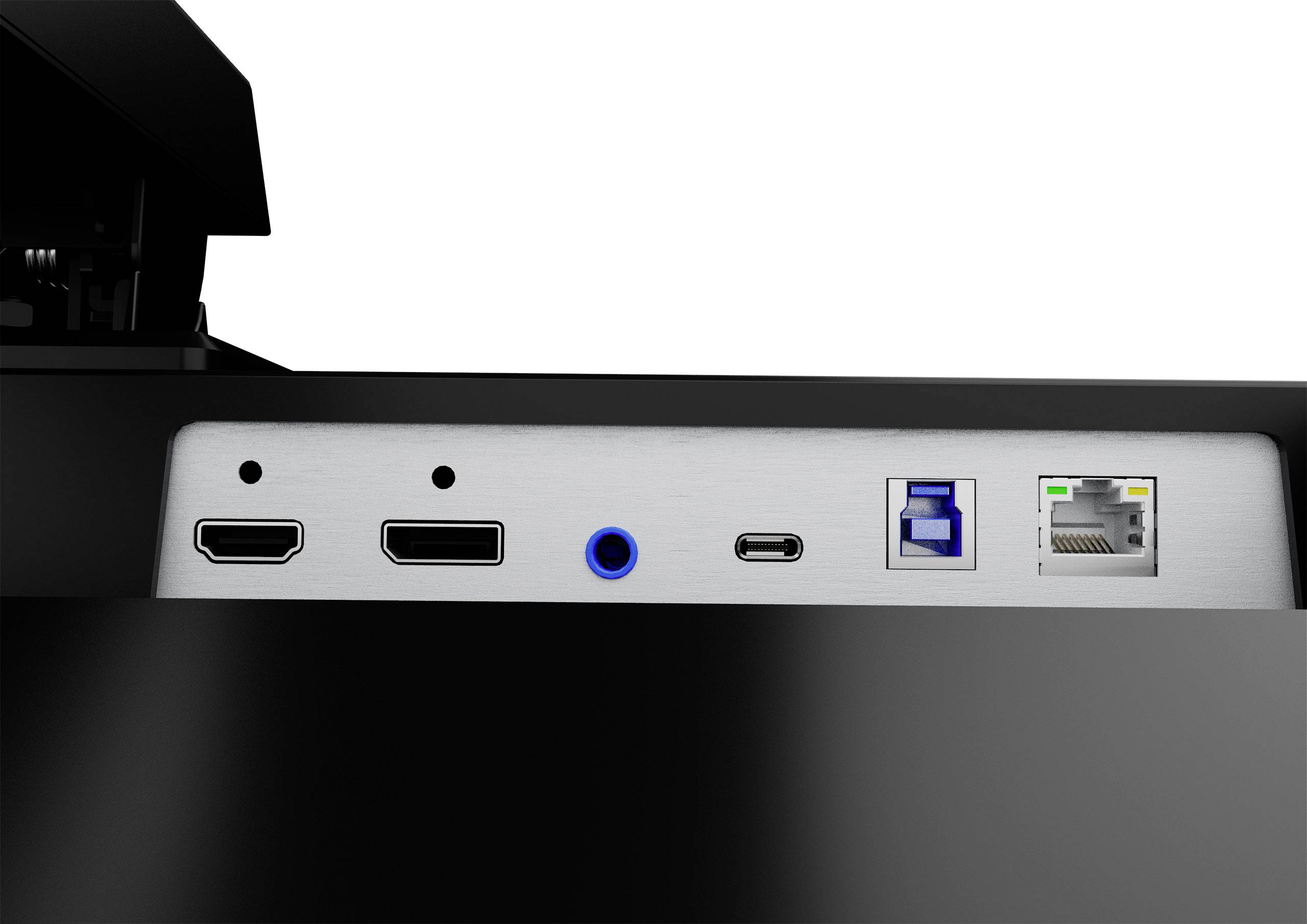 Die Rückseite eines Monitors zeigt Anschlüsse: zwei HDMI-Ports, einen Audioausgang, einen USB-C-Port, einen USB-Port und einen Ethernet-Port.